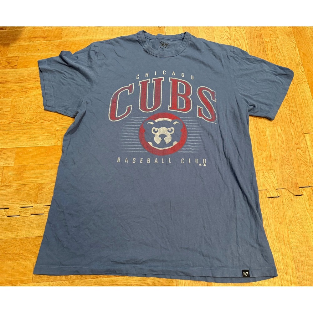 47 Brand Chicago Cubs Baseball Club T-Shirt Blue Distressed Graphic Tee Large